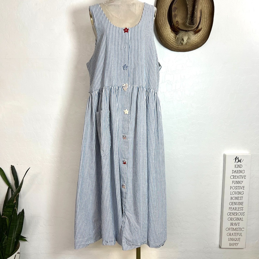 VTG Dogwood Lane Blue White Striped Seersucker Maxi Jumper Dress Plus Size 2X